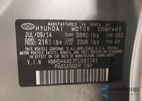 2015 Hyundai Elantra Se from USA, damaged, VIN KMHDH4AE7FU281741